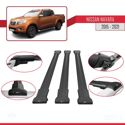 Compatible with Nissan Navara 4 (D23) 2015-2021 Fly Model Car Roof Rack Cross Bar Black Aluminium 3 Bars