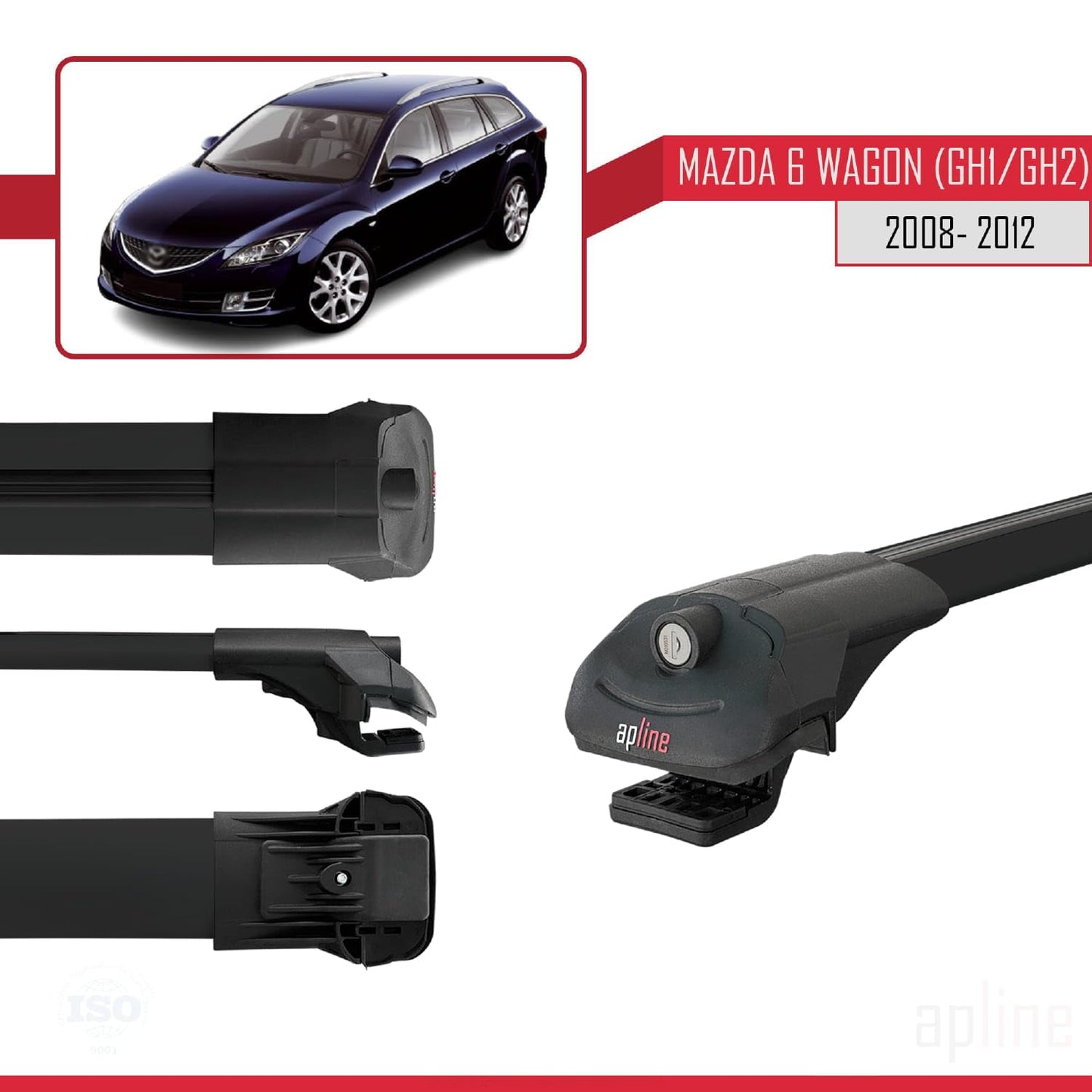 Compatible with Mazda 6 II (GZ) Wagon 2008-2012 ACE-1 Car Roof Rack Cross Bar Black Aluminium 3 Bars