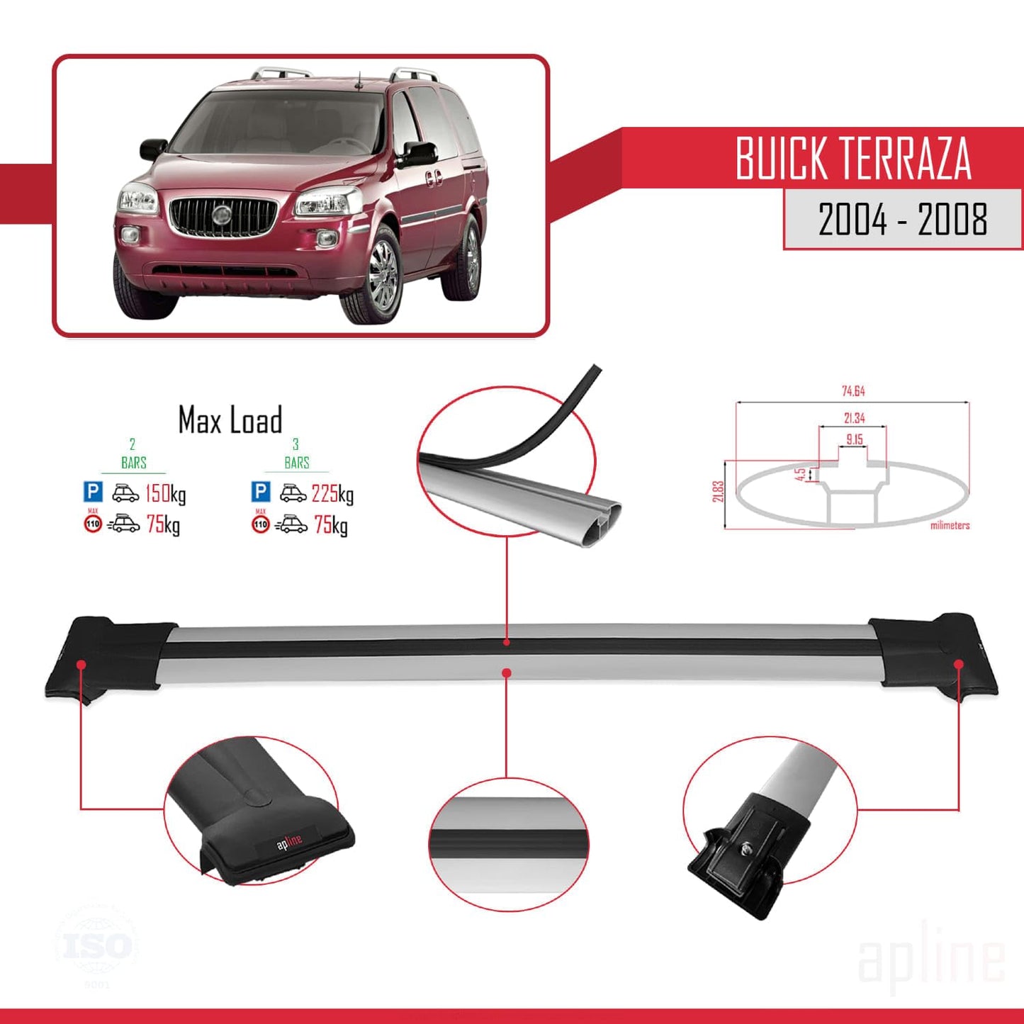 Compatible with Buick Terraza CXL 2004-2008 Fly Model Car Roof Rack Cross Bar Grey Aluminium 2 Bars