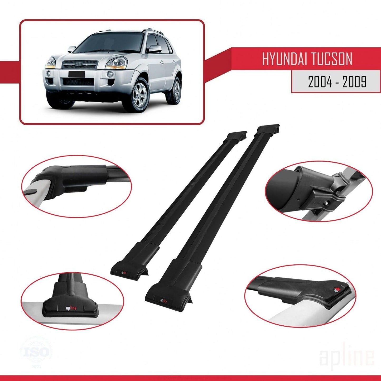 Compatible with Hyundai Tucson (JM) 2004-2009 Fly Model Car Roof Rack Cross Bar Black Aluminium 2 Bars