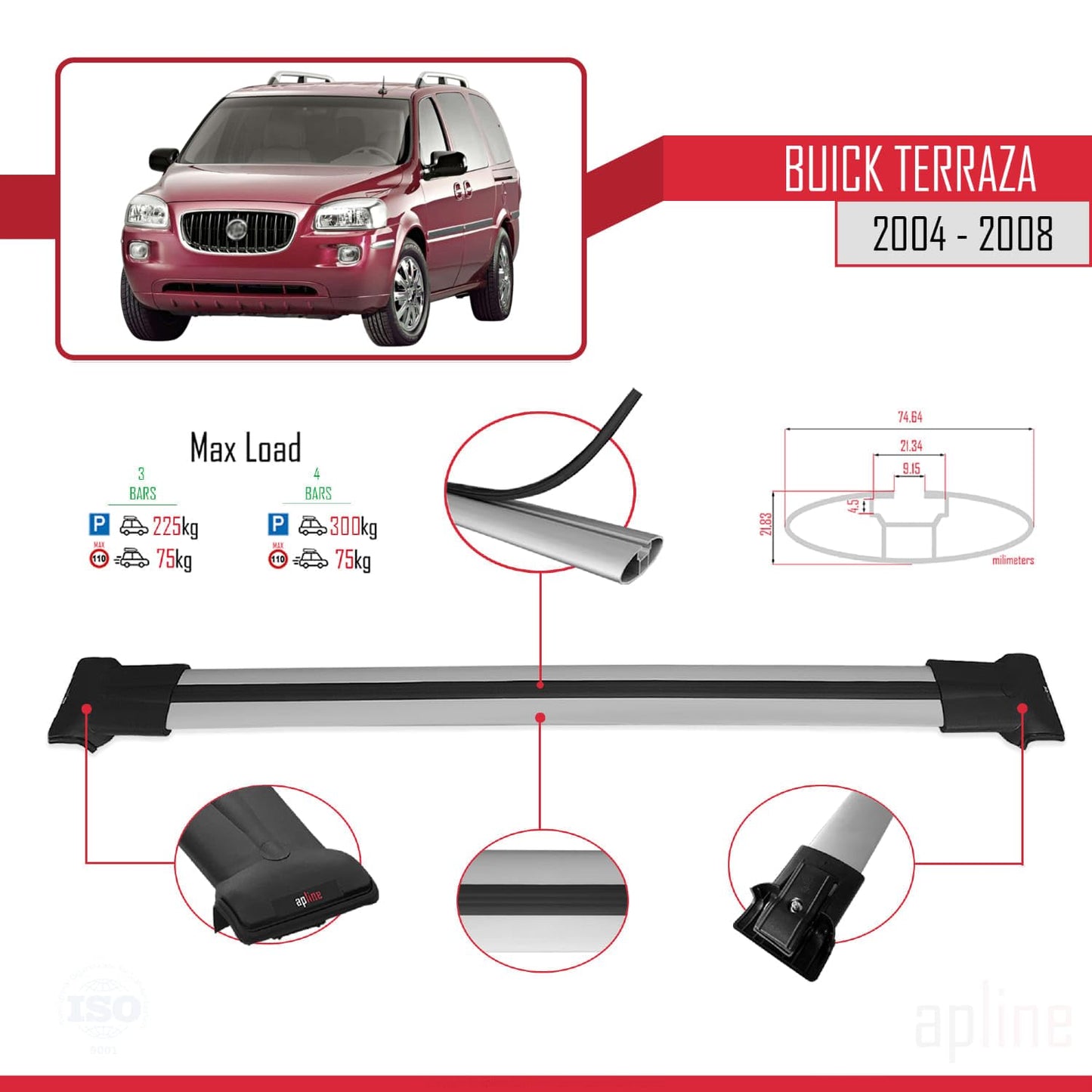 Compatible with Buick Terraza CXL 2004-2008 Fly Model Car Roof Rack Cross Bar Grey Aluminium 3 Bars