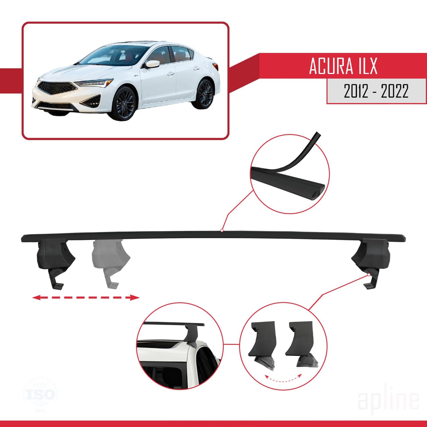 Compatible with Acura ILX (DE1/2/3) 2012-2022 ACE-4 Car Roof Rack Cross Bar Black Aluminium 2 Bars