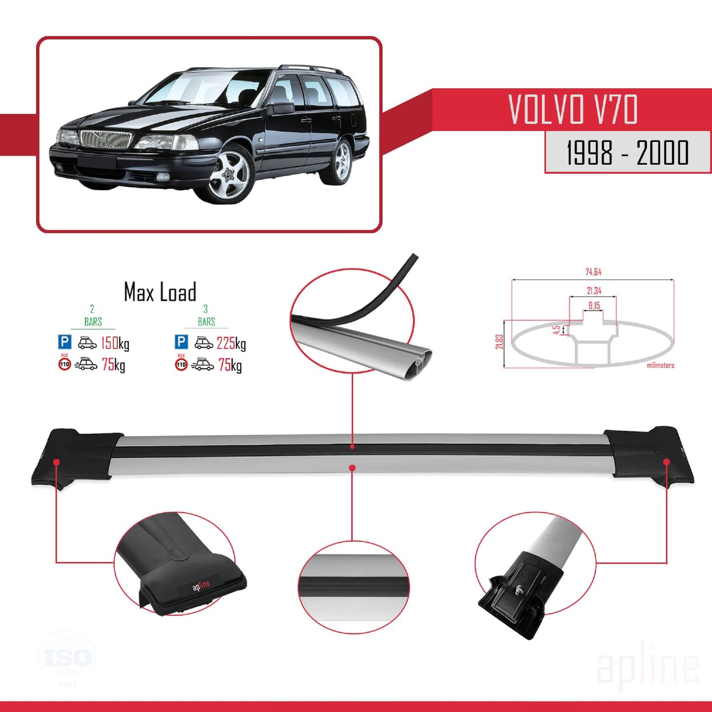 Compatible with Volvo V70 1998-2000 Fly Model Car Roof Rack Cross Bar Grey Aluminium 2 Bars