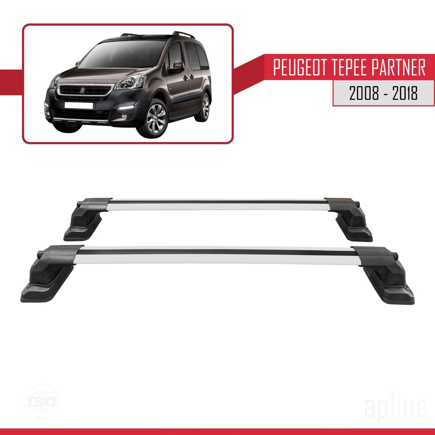 Compatible with Peugeot Partner Tepee 2008-2018 ACE-3 Car Roof Rack Cross Bar Grey Aluminium 2 Bars