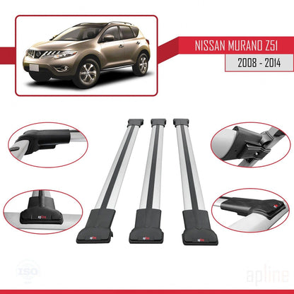 Compatible with Nissan Murano 2 (Z51) 2008-2014 Fly Model Car Roof Rack Cross Bar Grey Aluminium 3 Bars