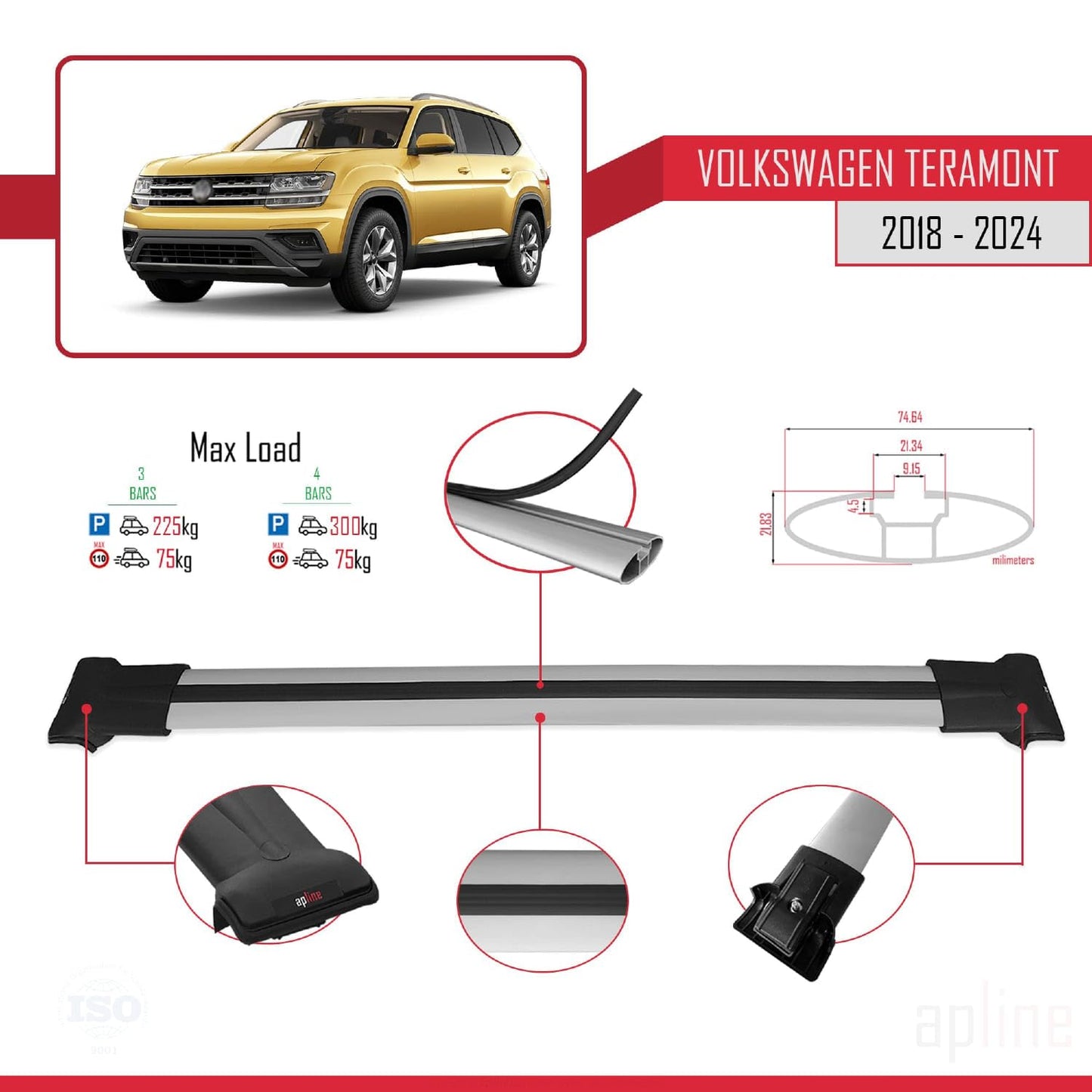 Compatible with Volkswagen Teramont (CA1) 2018-2024 Fly Model Car Roof Rack Cross Bar Grey Aluminium 3 Bars