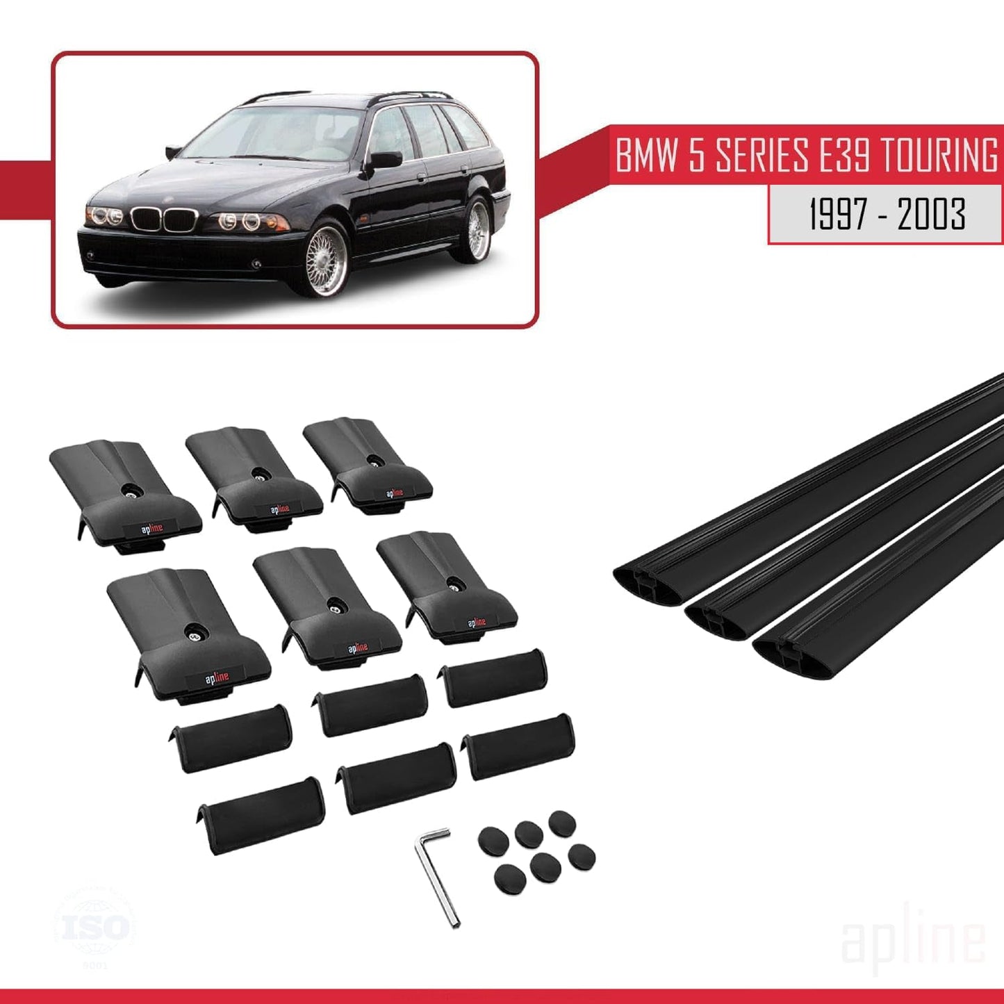 Compatible with BMW 5 Series (E39) Touring 1997-2003 Fly Model Car Roof Rack Cross Bar Black Aluminium 3 Bars