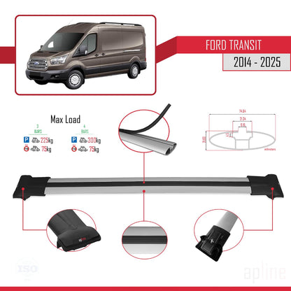 Compatible with Ford Transit 2014-2025 Fly Model Car Roof Rack Cross Bar Grey Aluminium 3 Bars