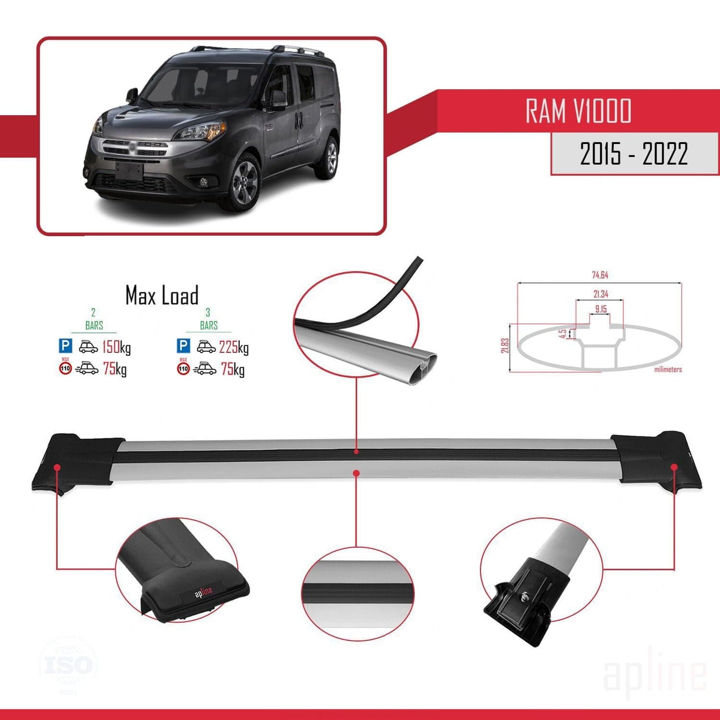 Compatible with Ram V1000 2015-2022 Fly Model Car Roof Rack Cross Bar Grey Aluminium 2 Bars