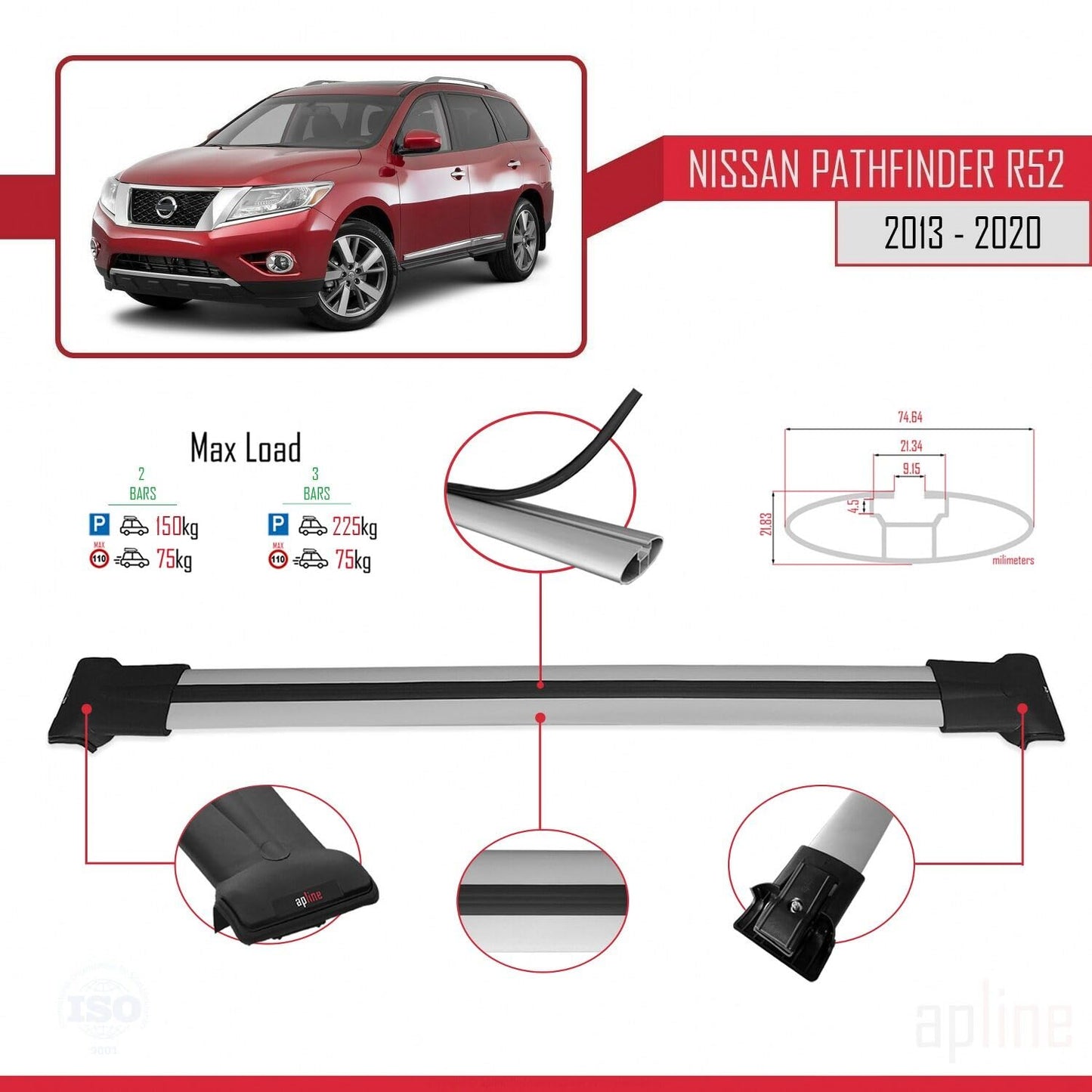 Compatible with Nissan Pathfinder 4 (R52) 2013-2020 Fly Model Car Roof Rack Cross Bar Grey Aluminium 2 Bars