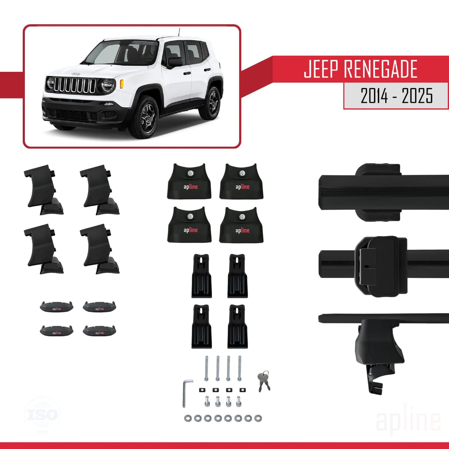 Compatible with Jeep Renegade (BU) 2014-2025 ACE-4 Car Roof Rack Cross Bar Black Aluminium 2 Bars