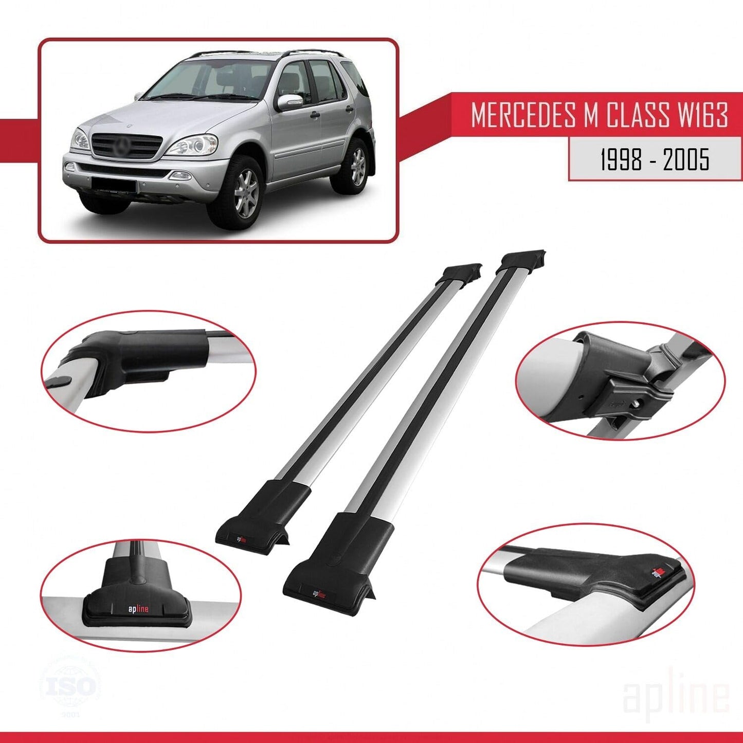 Compatible with Mercedes M Class (W163) 1998-2005 Fly Model Car Roof Rack Cross Bar Grey Aluminium 2 Bars