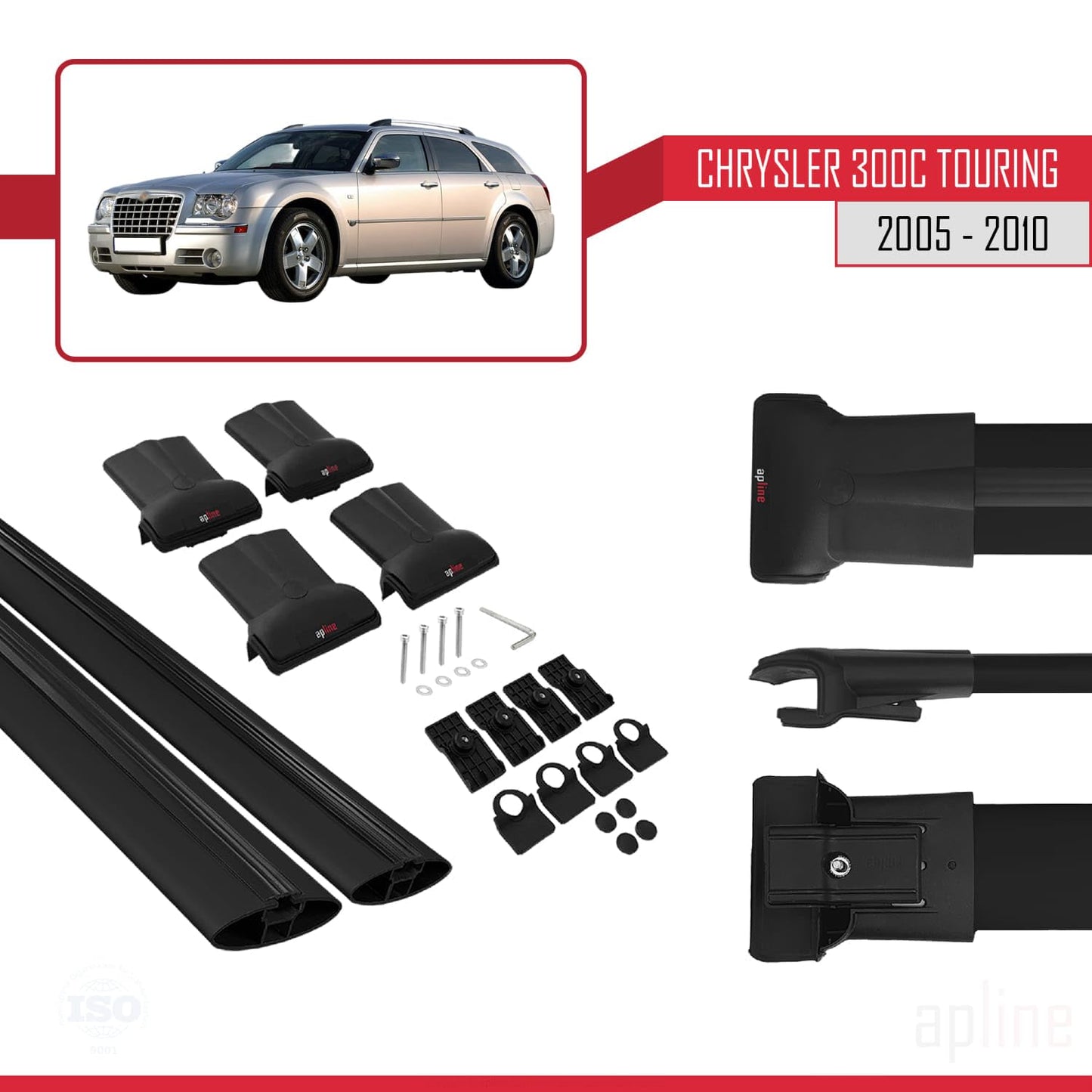 Compatible with Chrysler 300C Touring 2005-2010 Fly Model Car Roof Rack Cross Bar Black Aluminium 2 Bars