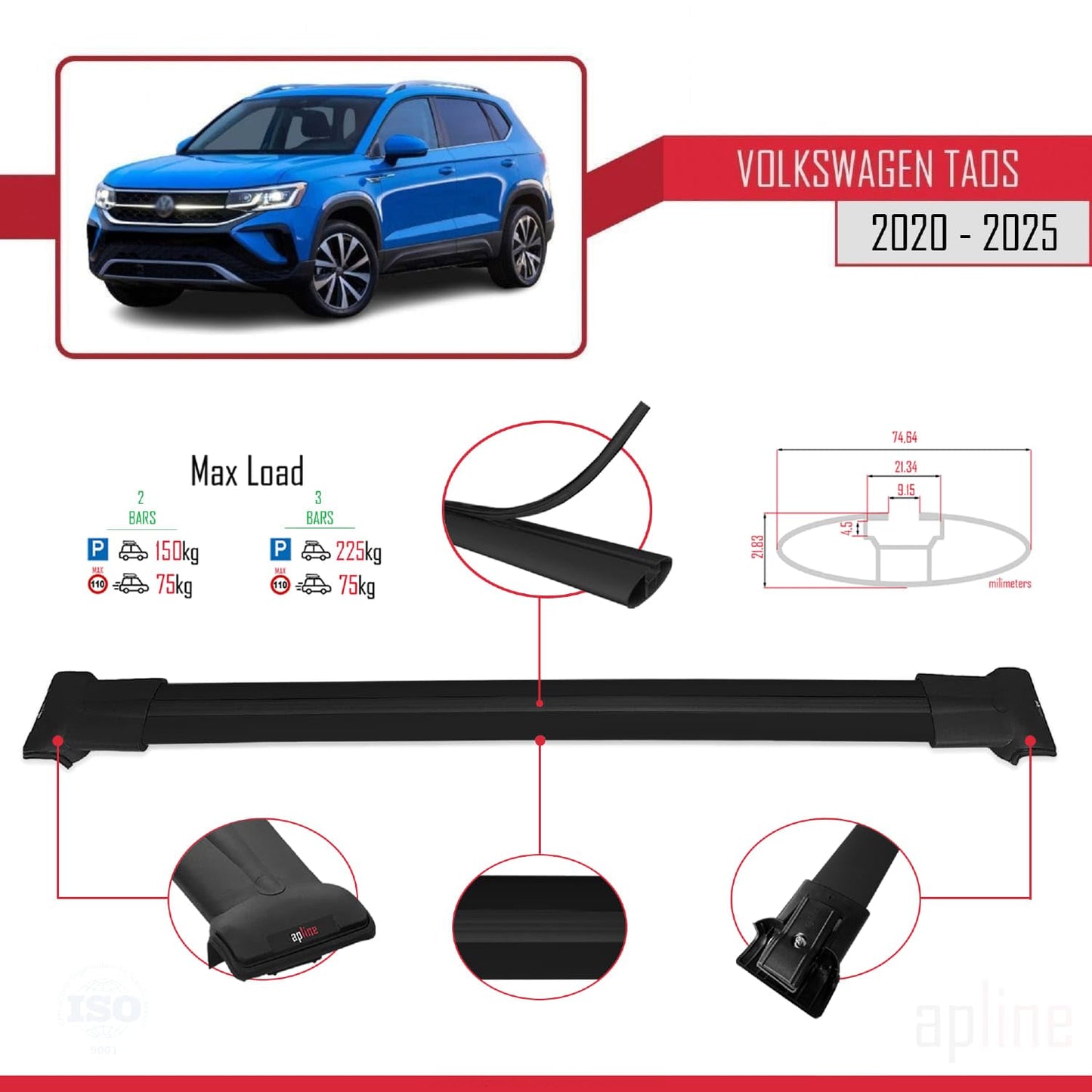 Compatible with Volkswagen Taos 2021-2025 Fly Model Car Roof Rack Cross Bar Black Aluminium 2 Bars