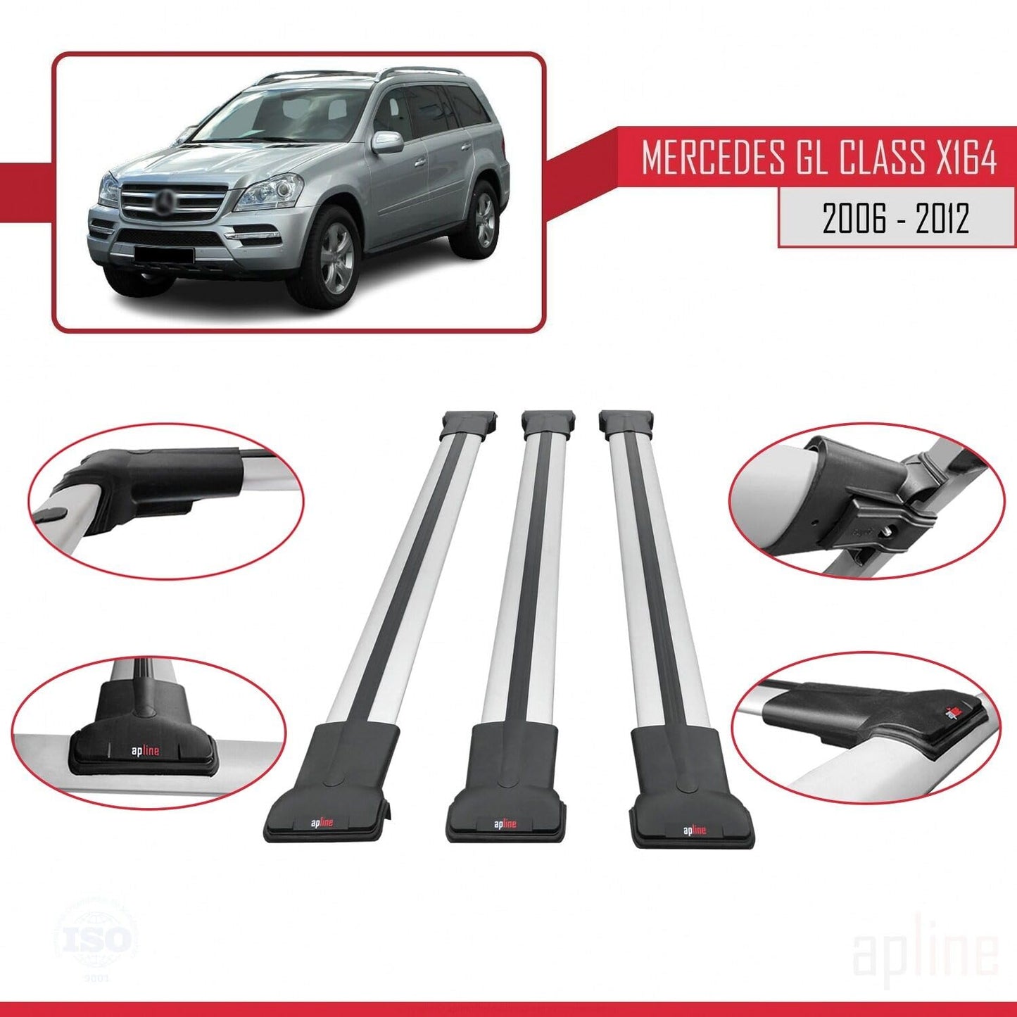 Compatible with Mercedes GL Class (X164) 2006-2012 Fly Model Car Roof Rack Cross Bar Grey Aluminium 3 Bars