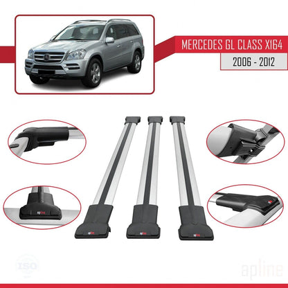 Compatible with Mercedes GL Class (X164) 2006-2012 Fly Model Car Roof Rack Cross Bar Grey Aluminium 3 Bars