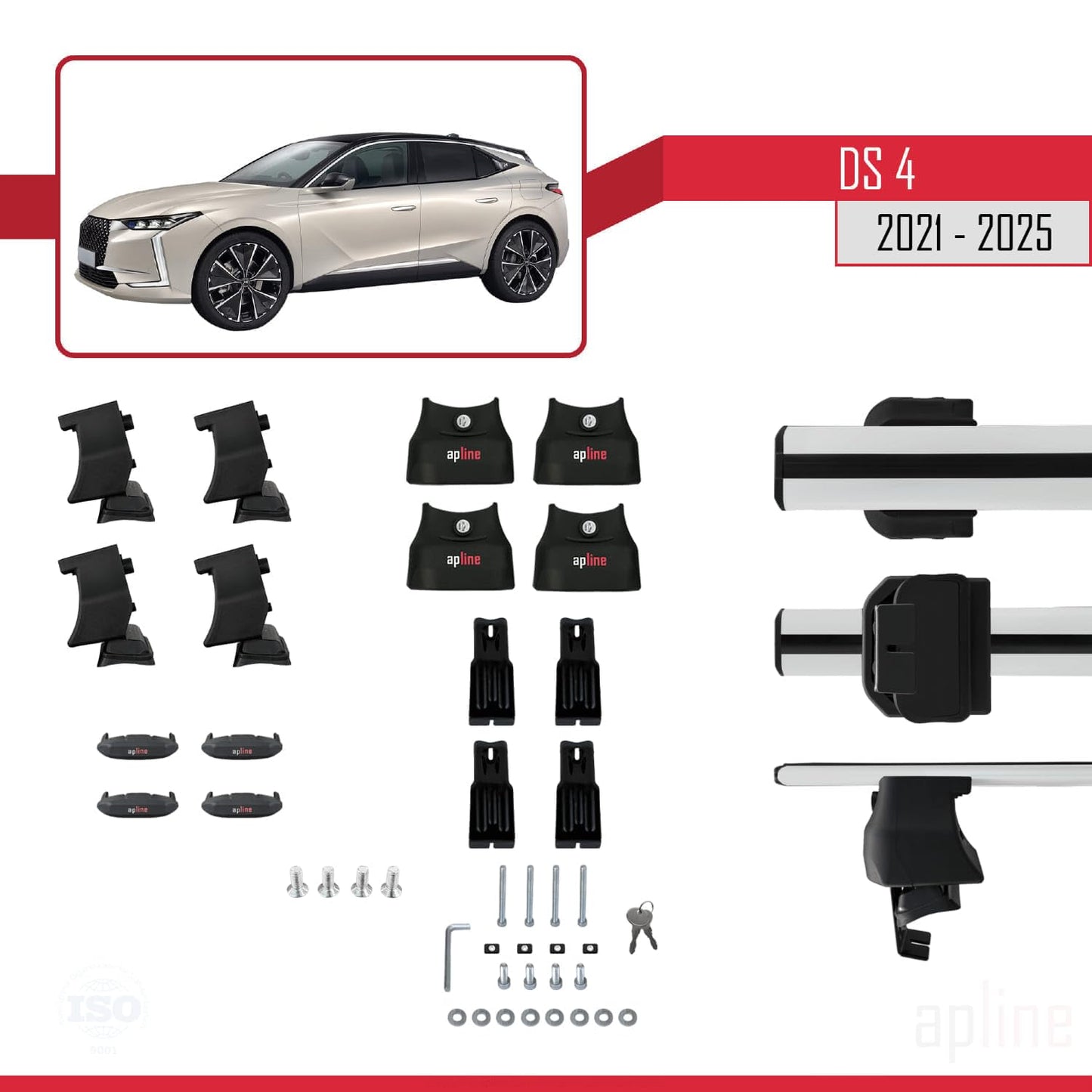Compatible with DS 4 II 2021-2025 ACE-4 Car Roof Rack Cross Bar Grey Aluminium 2 Bars