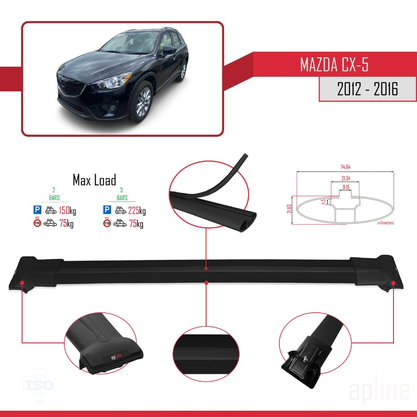 Compatible with Mazda CX-5 I (KE) 2012-2016 Fly Model Car Roof Rack Cross Bar Black Aluminium 2 Bars