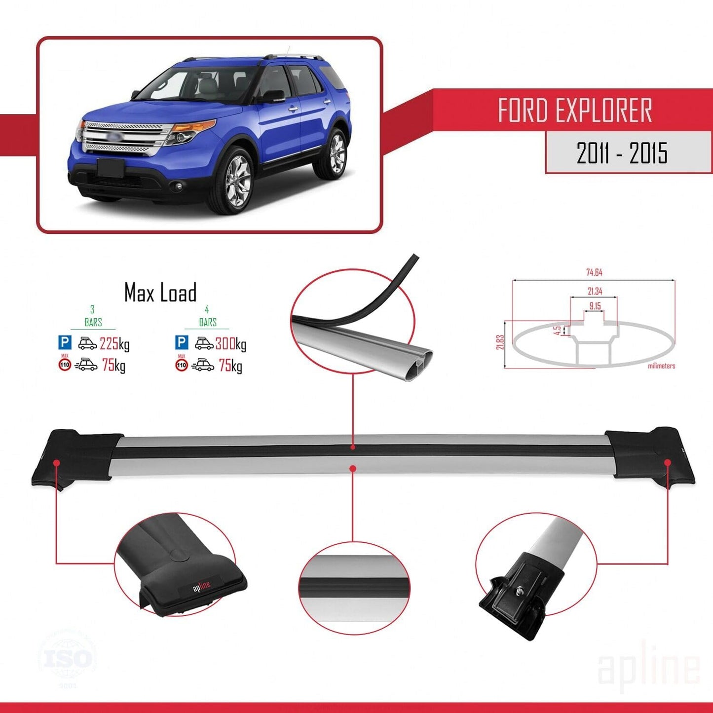 Compatible with Ford Explorer 5 (U502) Pre-Facelift 2011-2015 Fly Model Car Roof Rack Cross Bar Grey Aluminium 4 Bars