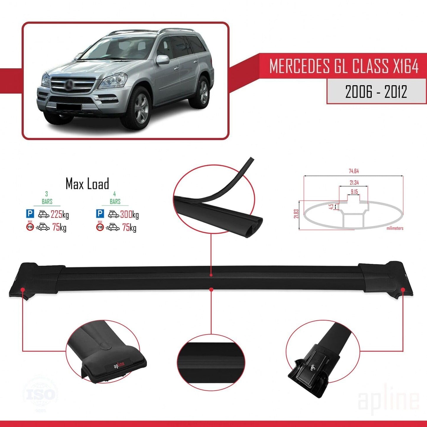Compatible with Mercedes GL Class (X164) 2006-2012 Fly Model Car Roof Rack Cross Bar Black Aluminium 3 Bars