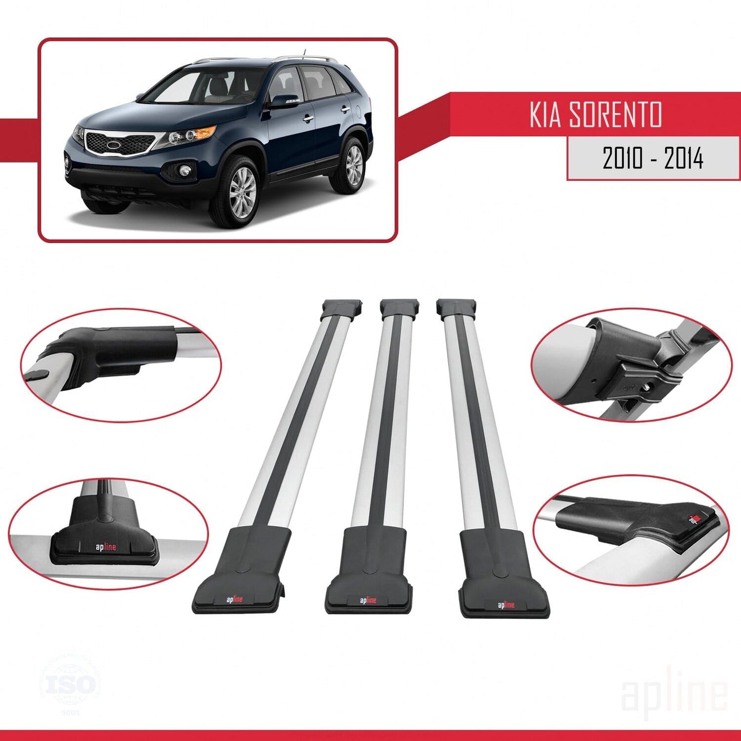 Compatible with Kia Sorento 2 (XM) 2010-2014 Fly Model Car Roof Rack Cross Bar Grey Aluminium 3 Bars