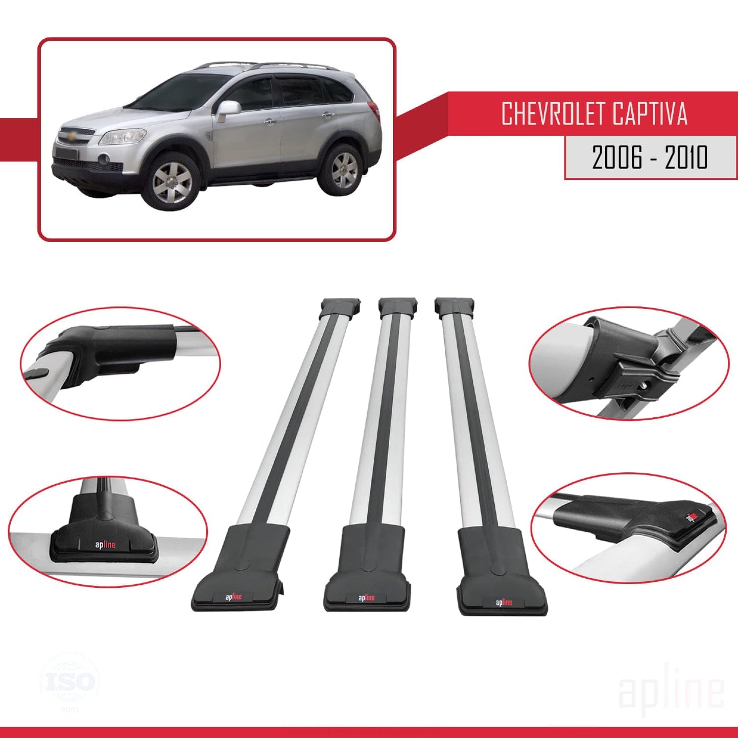 Compatible with Chevrolet Captiva 2006-2010 Fly Model Car Roof Rack Cross Bar Grey Aluminium 3 Bars