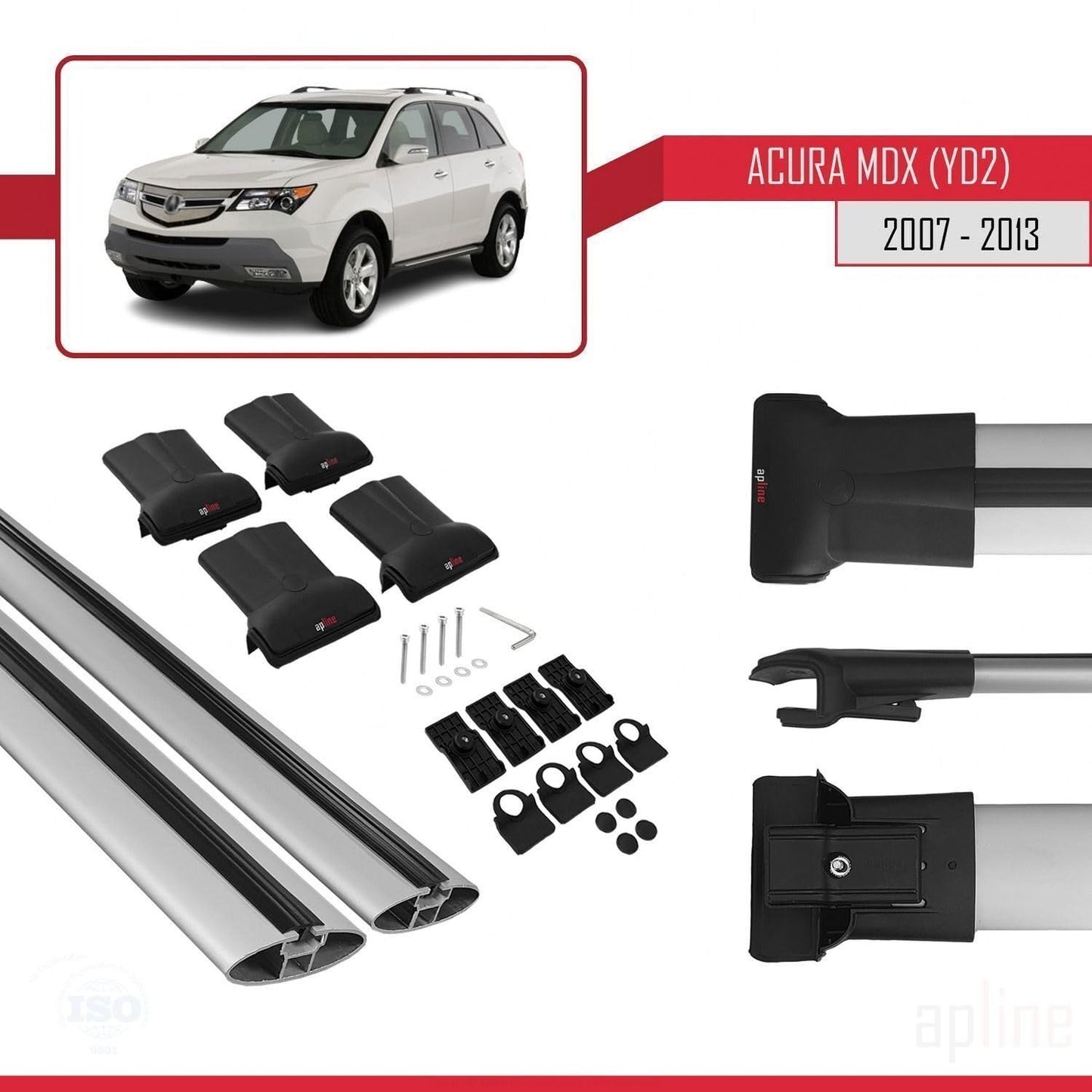 Compatible with Acura MDX (YD2) 2007-2013 Fly Model Car Roof Rack Cross Bar Grey Aluminium 2 Bars