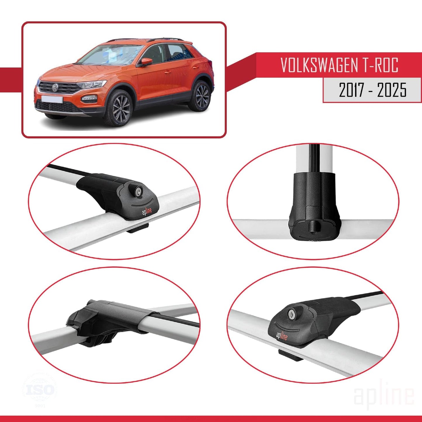 Compatible with Volkswagen T-ROC 2017-2025 ACE-1 Car Roof Rack Cross Bar Grey Aluminium 3 Bars