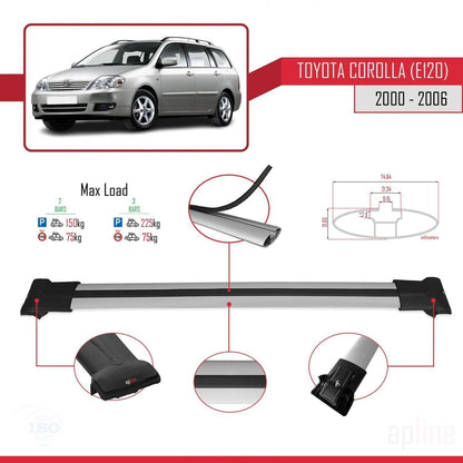 Compatible with Toyota Corolla 9 (E120) SW 2000-2006 Fly Model Car Roof Rack Cross Bar Grey Aluminium 2 Bars