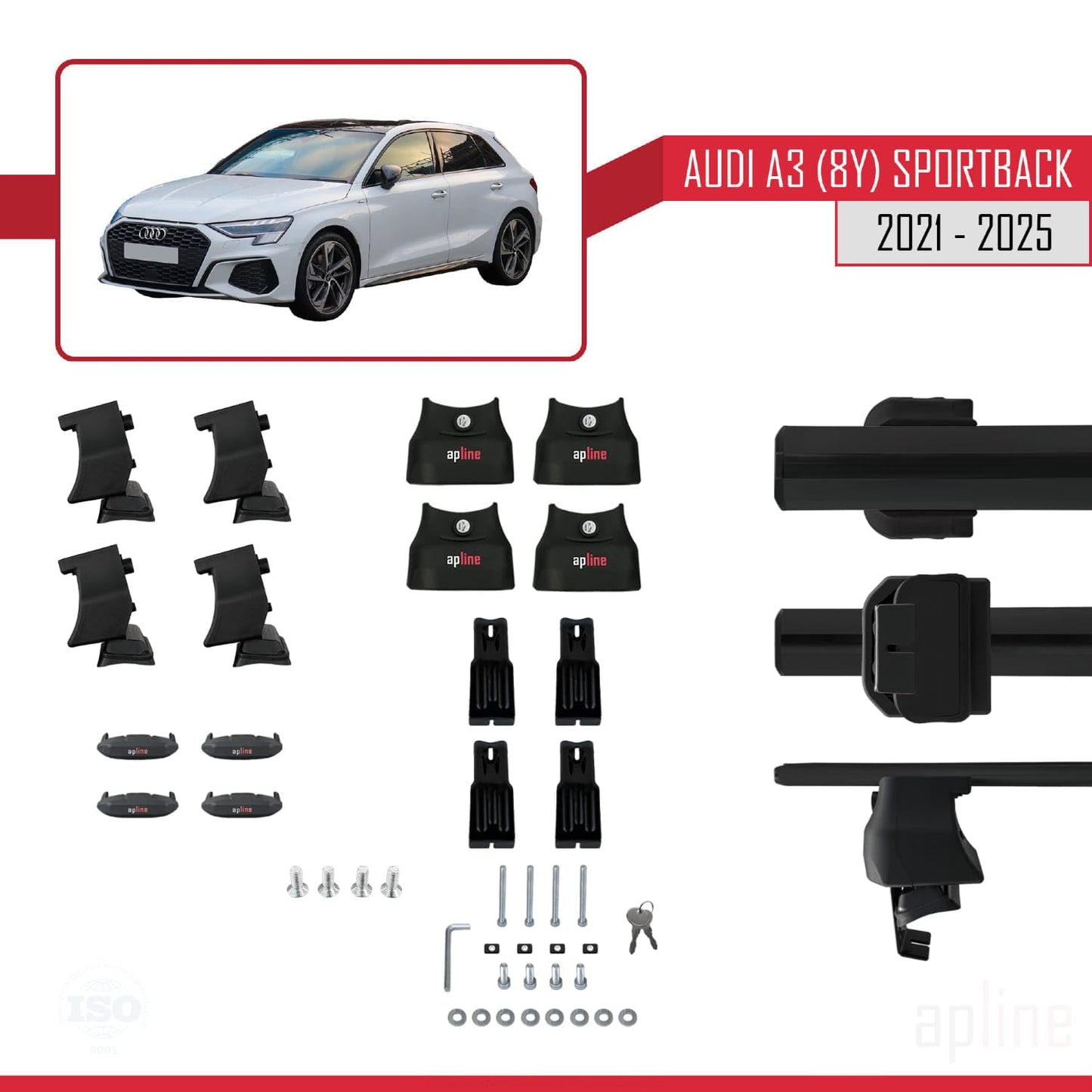 Compatible with Audi A3 (8Y) Sportback 2020-2025 ACE-4 Car Roof Rack Cross Bar Black Aluminium 2 Bars