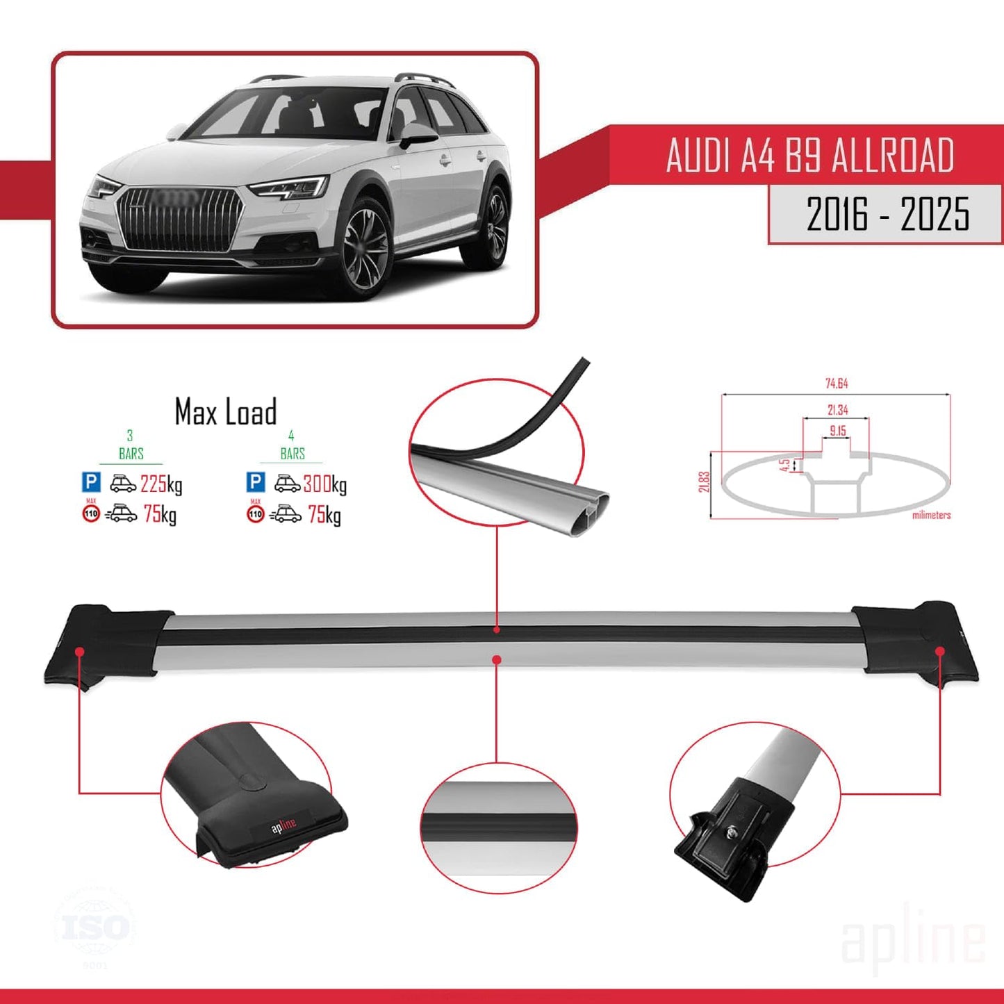 Compatible with Audi A4 (B9) Allroad 2016-2025 Fly Model Car Roof Rack Cross Bar Grey Aluminium 3 Bars