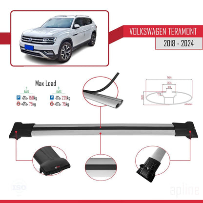 Compatible with Volkswagen Teramont (CA1) 2018-2024 Fly Model Car Roof Rack Cross Bar Grey Aluminium 2 Bars