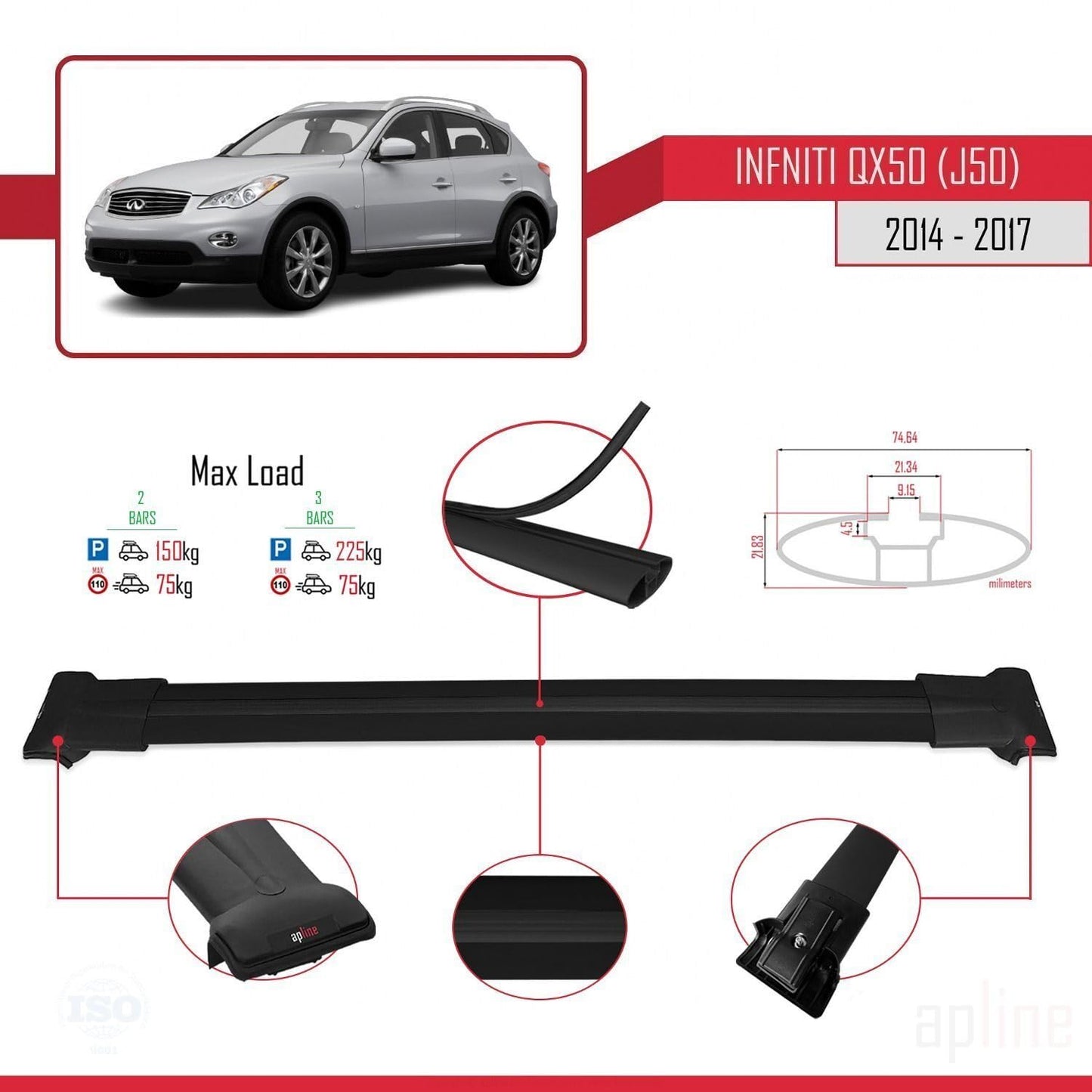 Compatible with Infiniti QX50 (J50) 2014-2017 Fly Model Car Roof Rack Cross Bar Black Aluminium 2 Bars