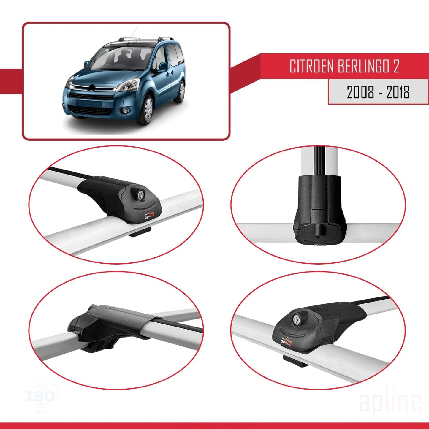 Compatible with Citroen Berlingo 2 (B9) 2008-2018 ACE-1 Car Roof Rack Cross Bar Grey Aluminium 2 Bars