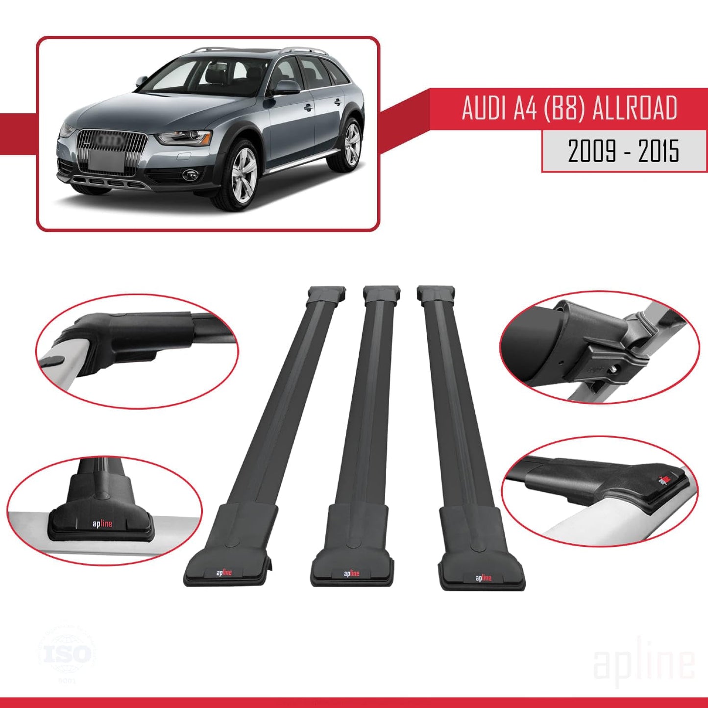 Compatible with Audi A4 (B8) Allroad 2009-2015 Fly Model Car Roof Rack Cross Bar Black Aluminium 3 Bars