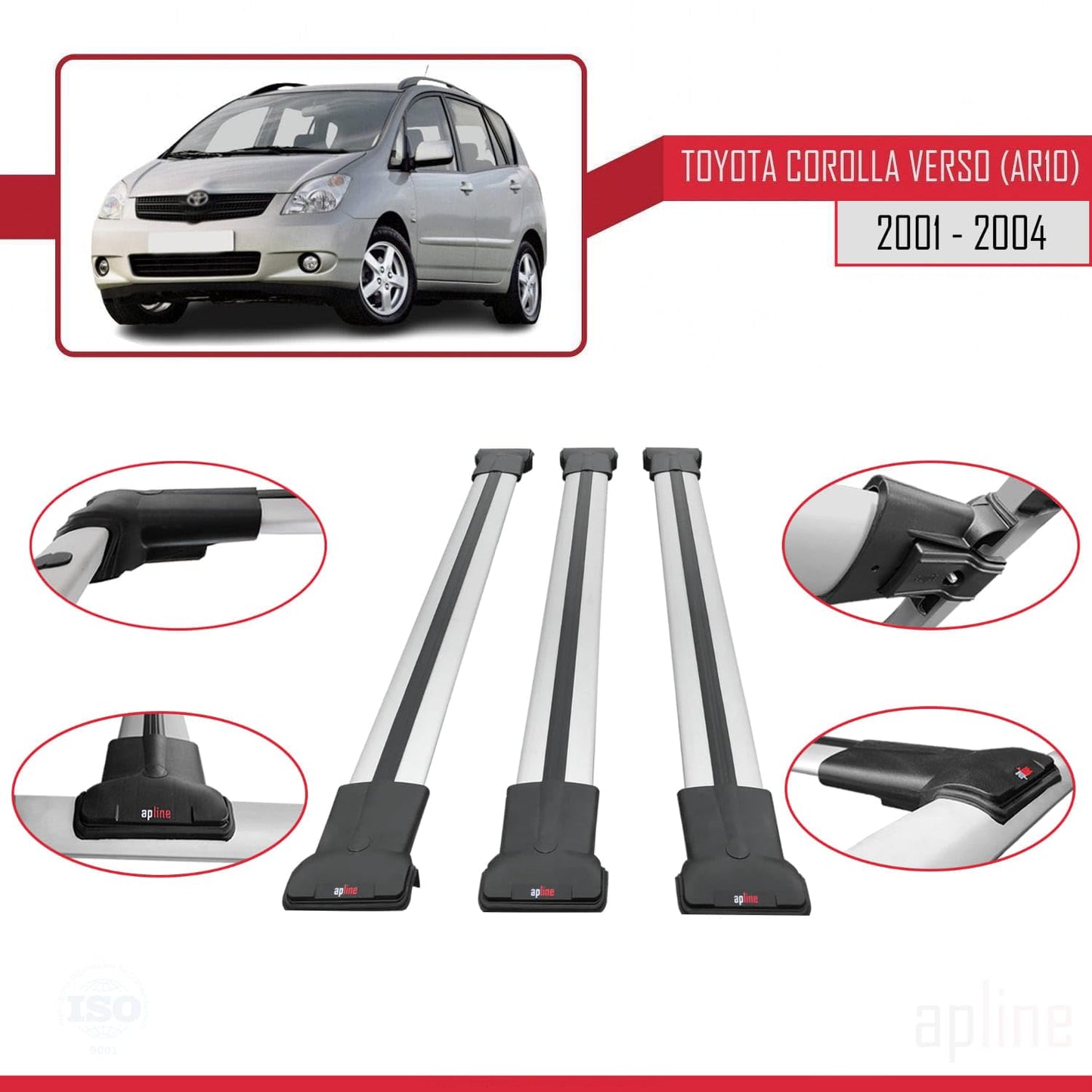 Compatible with Toyota Corolla Verso (E120) 2001-2004 Fly Model Car Roof Rack Cross Bar Grey Aluminium 3 Bars