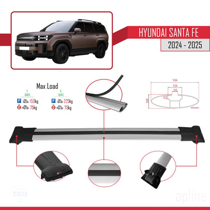 Compatible with Hyundai Santa Fe 2024-2025 Fly Model Car Roof Rack Cross Bar Grey Aluminium 2 Bars
