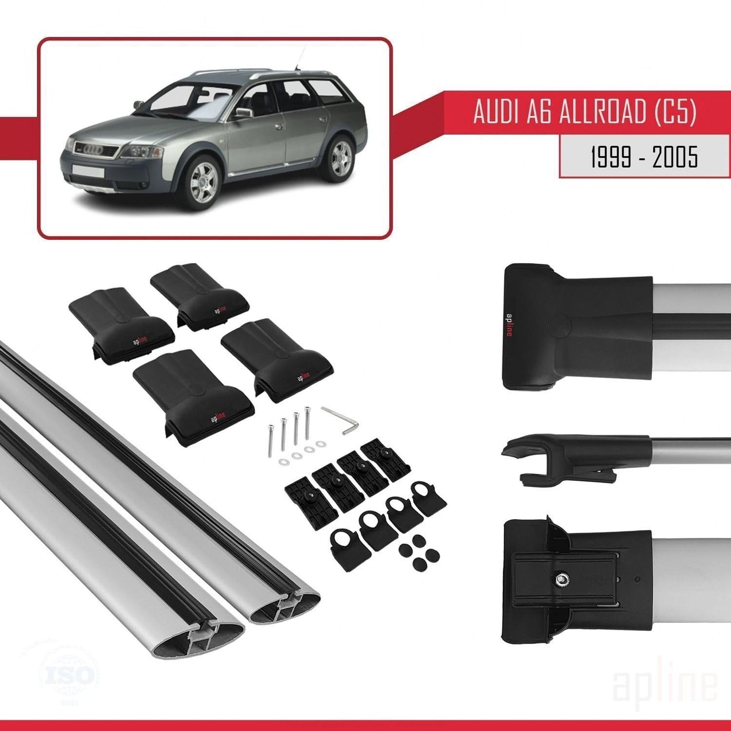 Compatible with Audi A6 (C5) Allroad 1999-2005 Fly Model Car Roof Rack Cross Bar Grey Aluminium 2 Bars