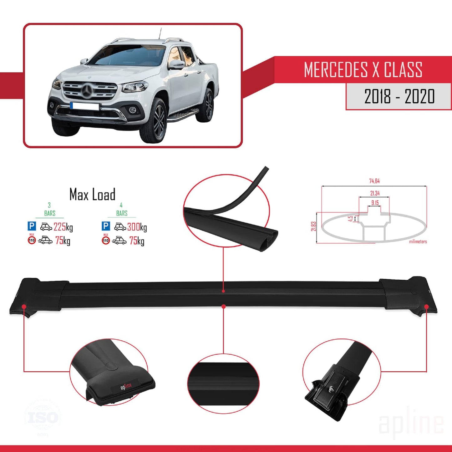 Compatible with Mercedes X Class (470) 2018-2020 Fly Model Car Roof Rack Cross Bar Black Aluminium 3 Bars