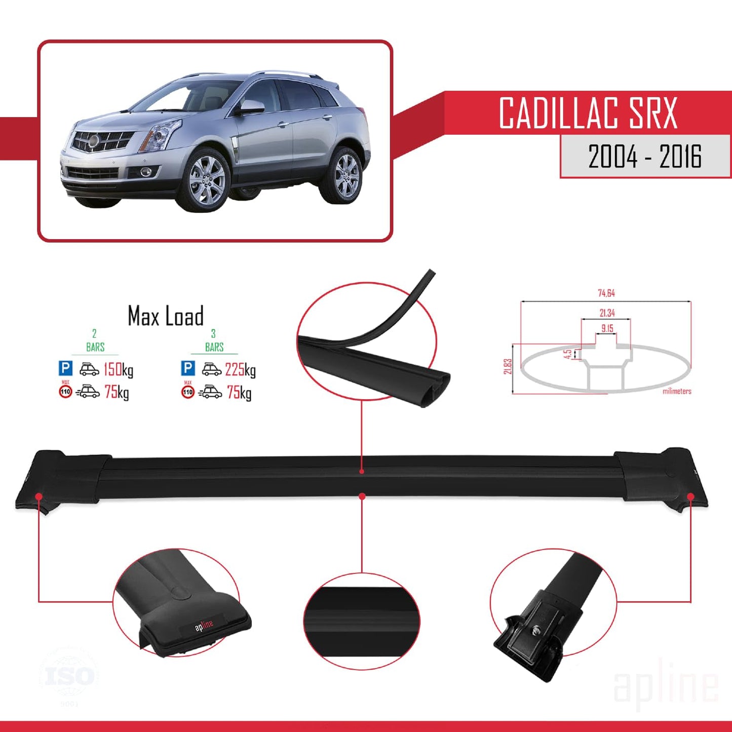 Compatible with Cadillac SRX 2004-2016 Fly Model Car Roof Rack Cross Bar Black Aluminium 2 Bars