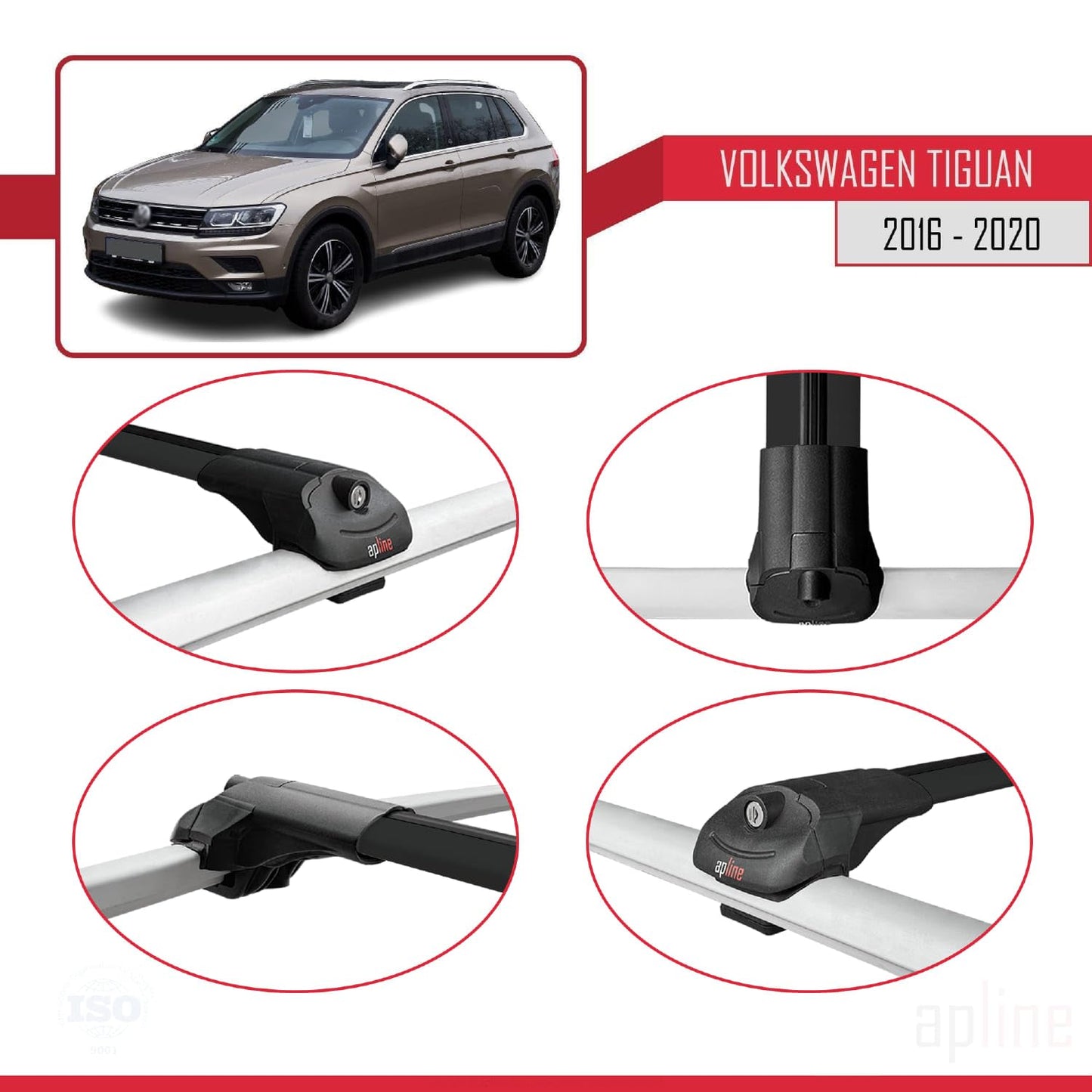 Compatible with Volkswagen Tiguan 2 (AD1) Pre-Facelift 2016-2020 ACE-1 Car Roof Rack Cross Bar Black Aluminium 2 Bars