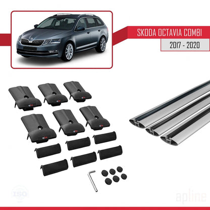 Compatible with Skoda Octavia 3 (5E) SW Post-Facelift 2017-2020 Fly Model Car Roof Rack Cross Bar Grey Aluminium 3 Bars