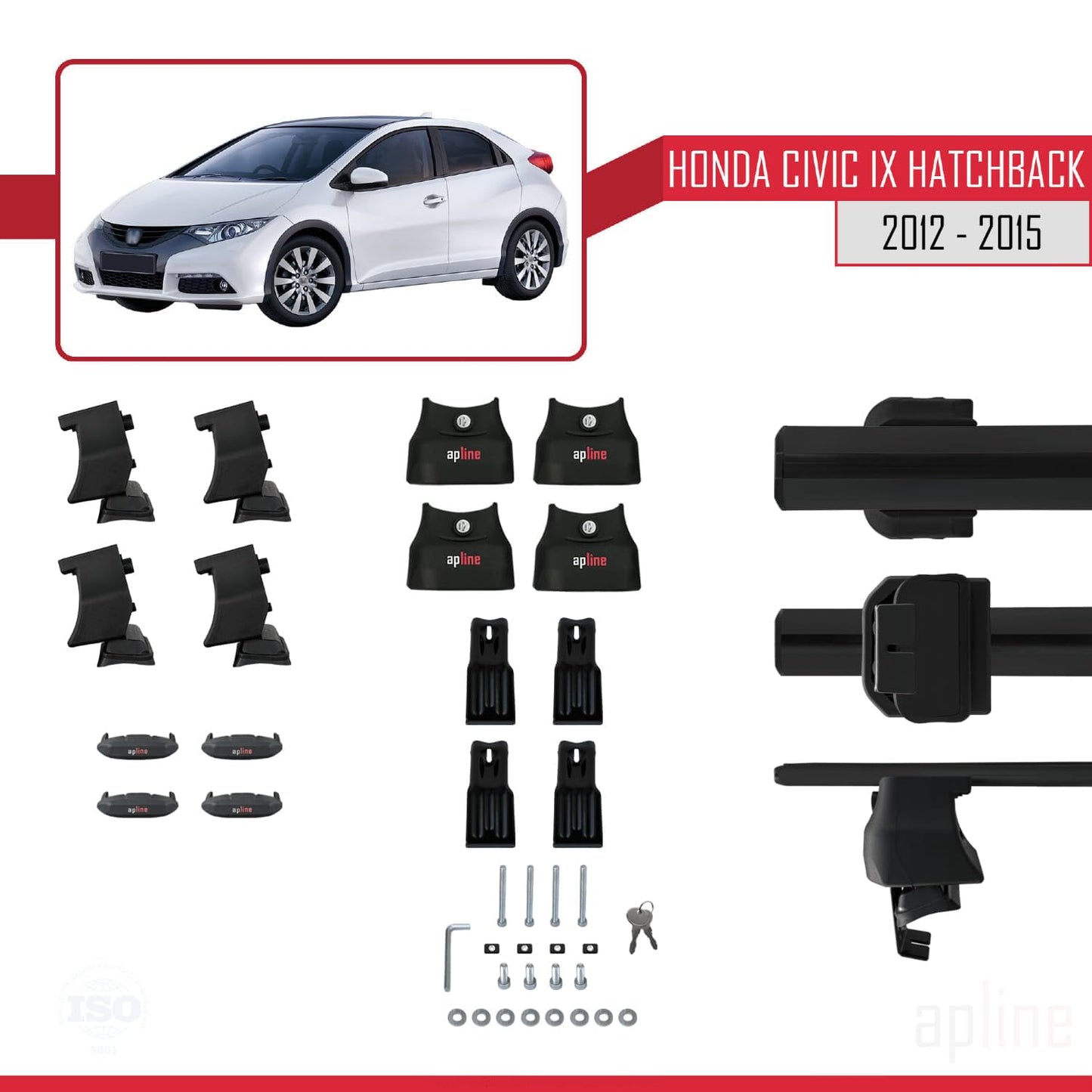 Compatible with Honda Civic 9 (FK) HB 2012-2015 ACE-4 Car Roof Rack Cross Bar Black Aluminium 2 Bars