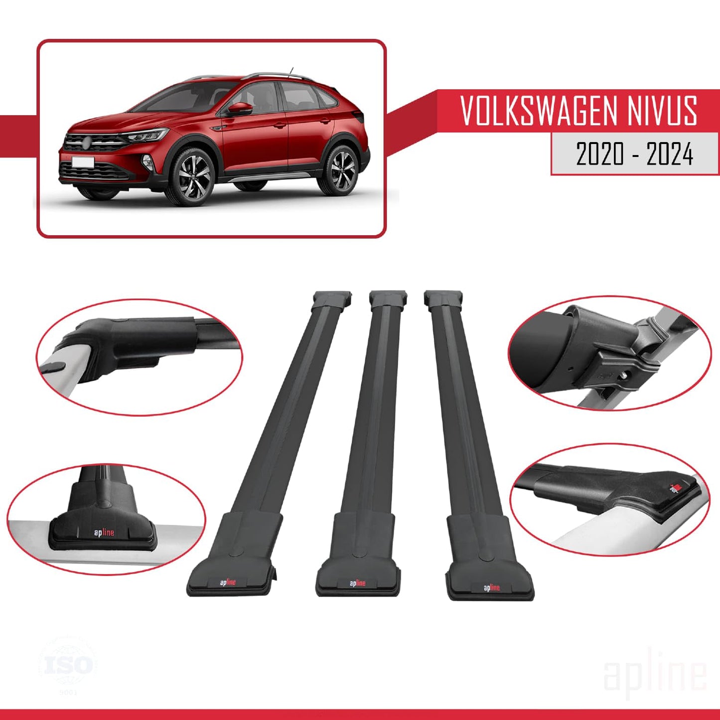Compatible with VW Nivus 2020-2024 Fly Model Car Roof Rack Cross Bar Black Aluminium 3 Bars