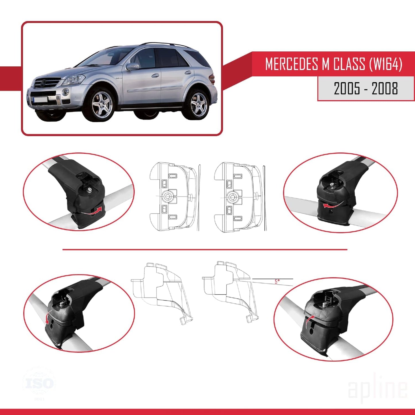 Compatible with Mercedes M Class 2 (W164) Pre-Facelift 2005-2008 ACE-2 Car Roof Rack Cross Bar Grey Aluminium 2 Bars