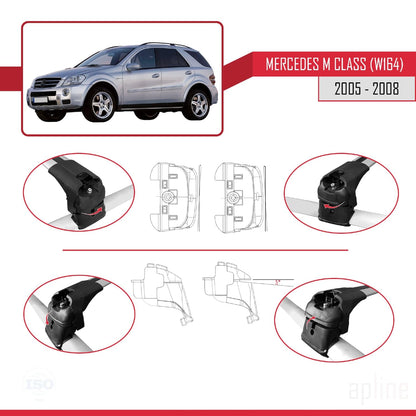 Compatible with Mercedes M Class 2 (W164) Pre-Facelift 2005-2008 ACE-2 Car Roof Rack Cross Bar Grey Aluminium 2 Bars