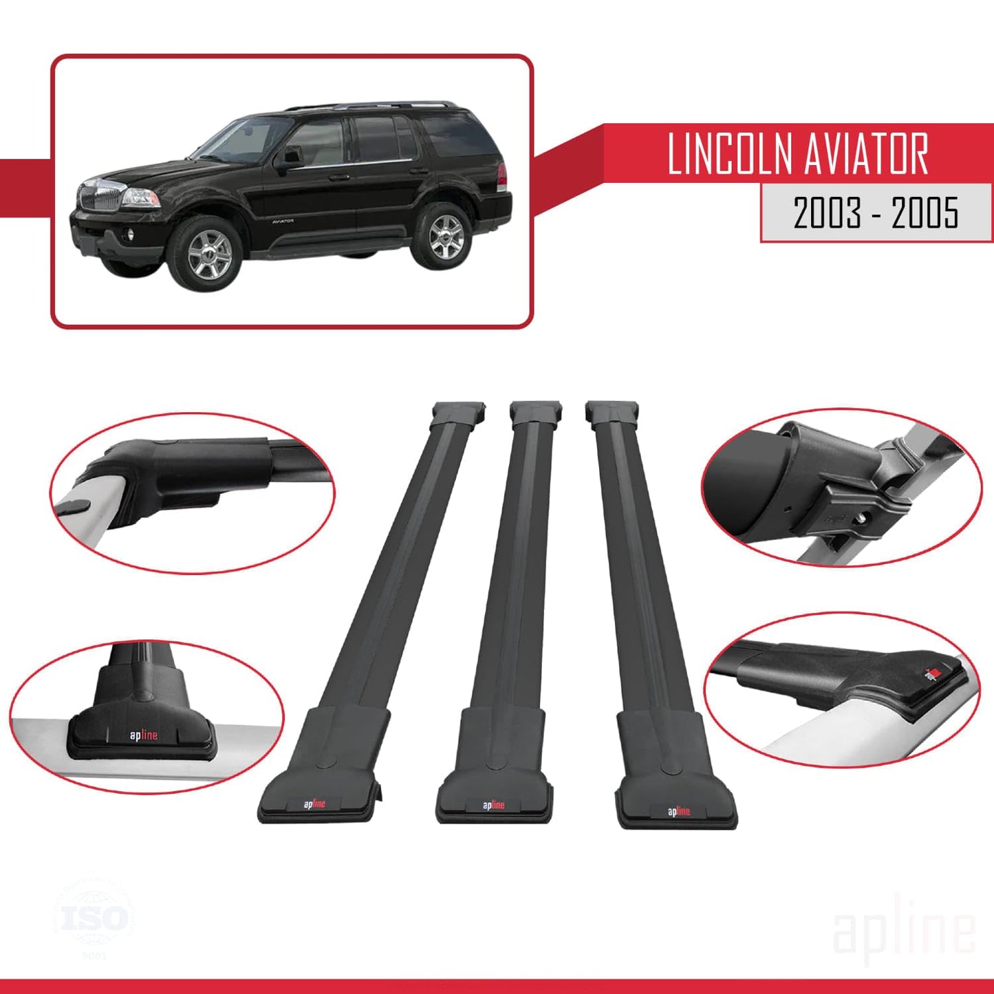 Compatible with Lincoln Aviator 2003-2005 Fly Model Car Roof Rack Cross Bar Black Aluminium 3 Bars