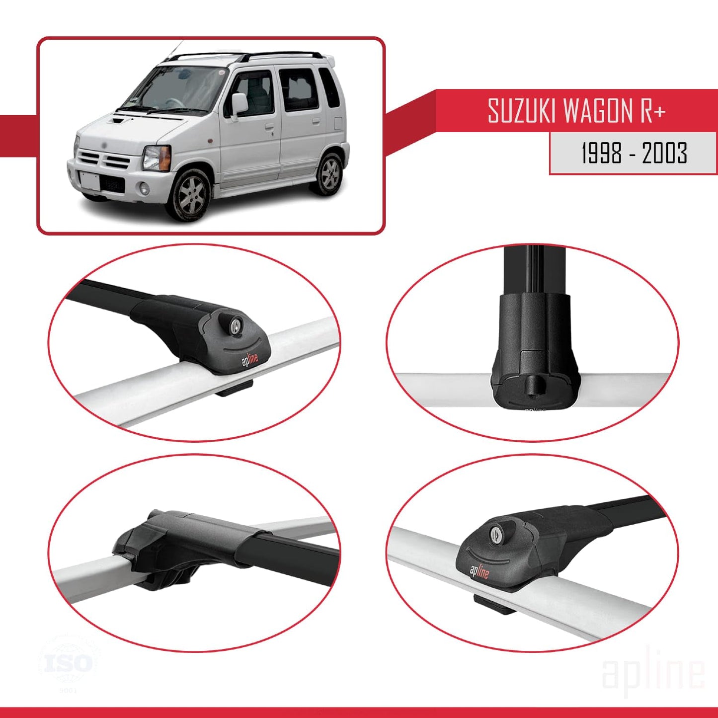 Compatible with Suzuki Wagon R+ 1998-2003 ACE-1 Car Roof Rack Cross Bar Black Aluminium 3 Bars