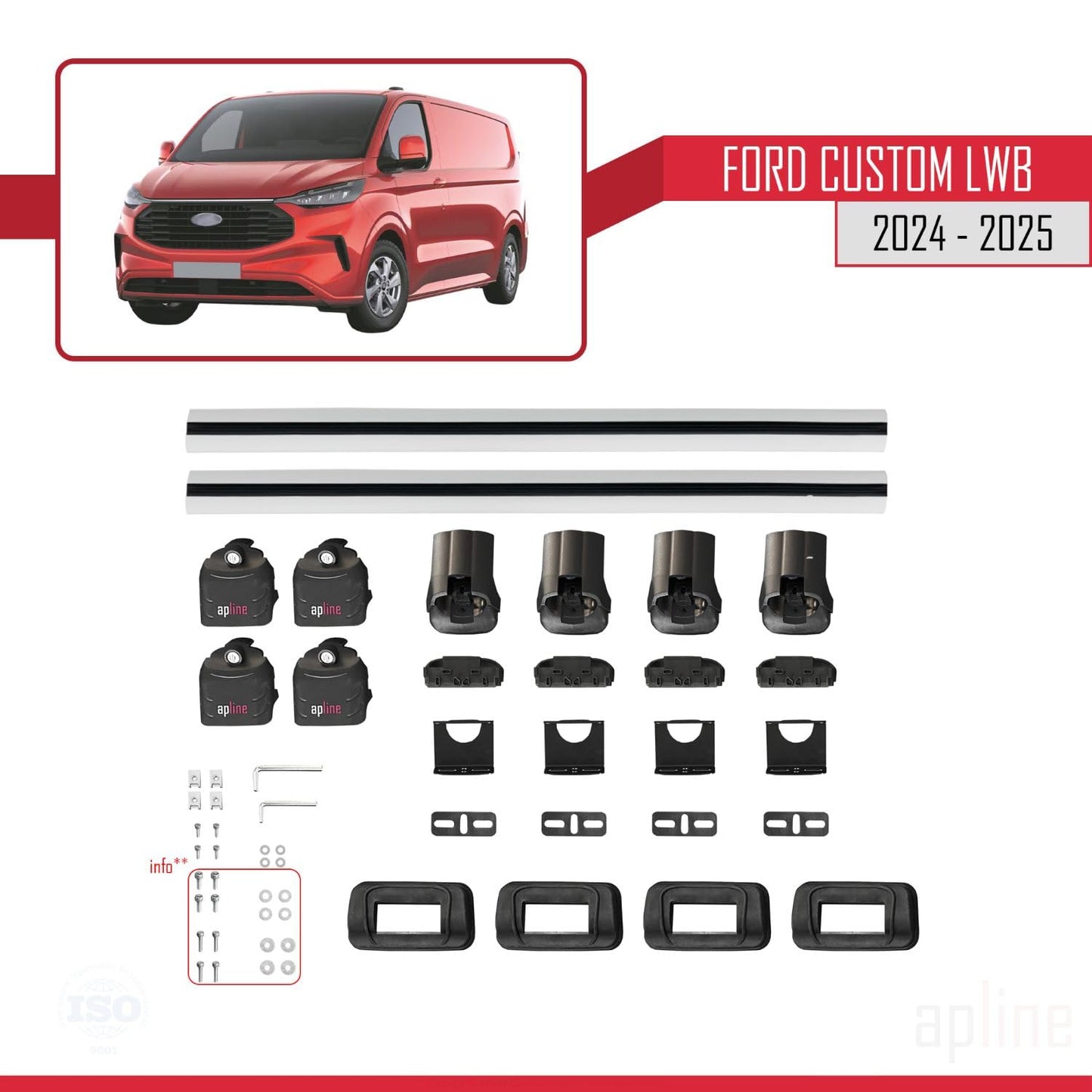 Compatible with Ford Custom 2024-2025 ACE-3 Car Roof Rack Cross Bar Grey Aluminium 2 Bars