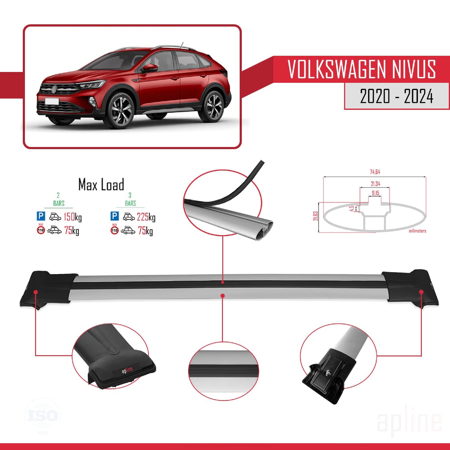 Compatible with VW Nivus 2020-2024 Fly Model Car Roof Rack Cross Bar Grey Aluminium 2 Bars